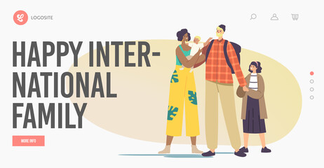 Happy International Family Landing Page Template. Interracial Parents and Kids. Multicultural and Multiracial Characters