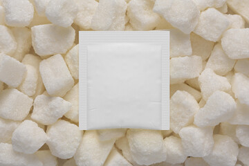 Blank white paper sachet pack on sugar cubes. 3D rendering and photo.