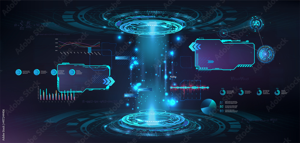 Aufkleber Futuristic circle 3D lab with HUD elements interface UI, GUI, Web presentation. 3D stage hologram with glow, light effects. Sci-fi digital podium with projector. Magic podium for show your product