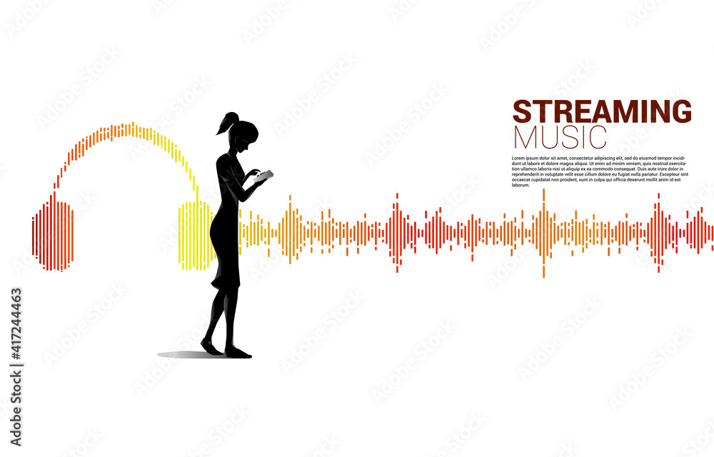 Poster woman with mobile phone and sound wave music equalizer background. audio visual headphone icon with 