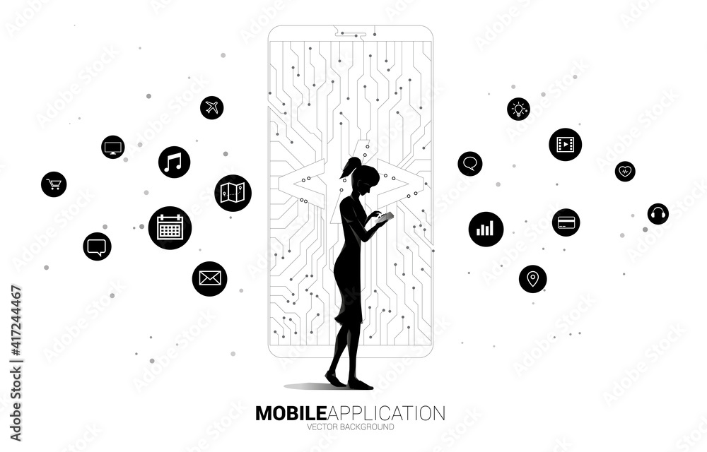 Fototapete woman with mobile phone and software development programming tag icon shaped mobile phone with circuit line graphic.Concept for Programming language technology and coding.