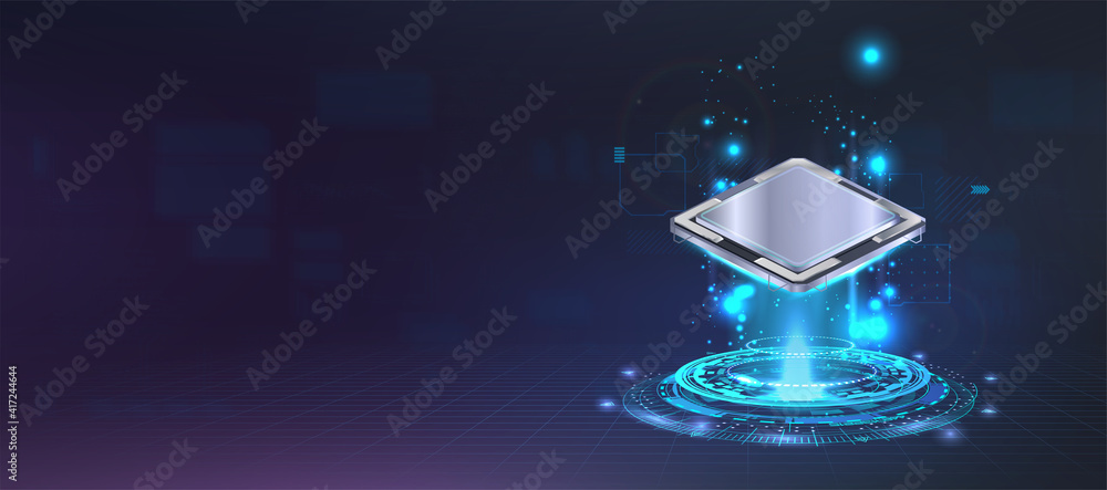 Aufkleber Presentation microchip processor with lights and glow effects. Futuristic CPU AI, Quantum computing, Big data concept. Web banner central computer processors. Digital microchip CPU. Vector banner