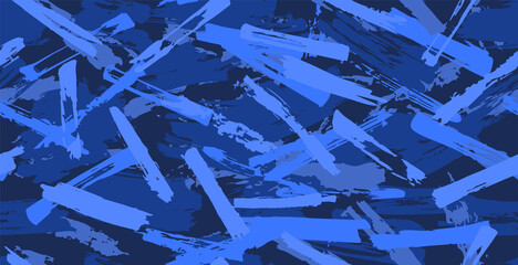 Blue Seamless camouflage pattern of brush strokes, perfect for clothes. Shades of blue. Artwork grunge pattern. Seamless camouflage of grunge strokes. Vector illustration of brush strokes for print.