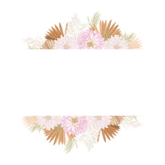 Fototapeta na wymiar Watercolor floral wedding vector frame. Pampas grass, dahlia flowers, dry palm leaves border template