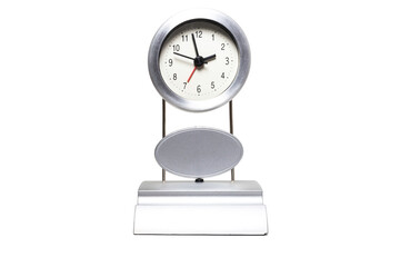 Metal clock with a base and holding poles in a white backgound