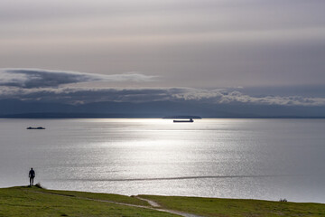 View of the Puget Sound With Container Ships and Olympic Mountains in Background Taken on Whidbey Island Washington