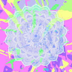 White lace mandalas on a colorful background.