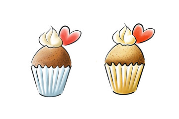 Set of delicious cupcakes with heart toppings. Isolated on white background