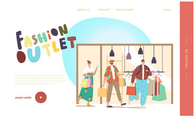 Fashion Outlet Landing Page Template. Cheerful People with Shopping Bags Purchasing in Mall. Smiling Characters in Store