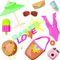 Summer items beach vector set . Vector illustration