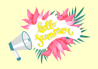 A ''Hello Summer'' poster, banner, postcard for summer topics on websites, blogs for print. A flat illustration.
