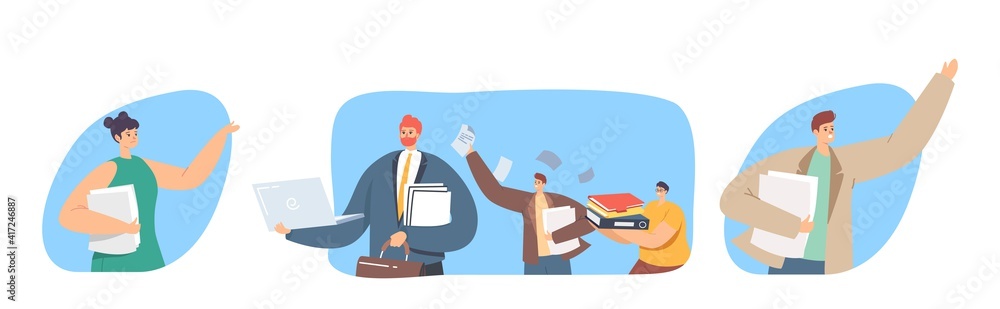 Poster set of people with paper work. business characters with big heap of documents and folders. office em