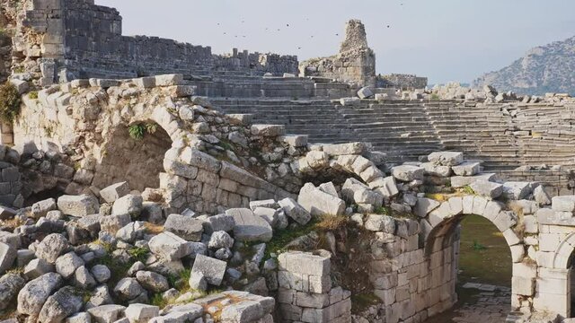 Ruined antique theatre in ancient Lycian city of Xanthos on sunny day, Antalya Province, Turkey