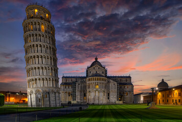 Night view of Pisa Cathedral (Duomo di Pisa) with the Leaning Tower of Pisa (Torre di Pisa) on Piazza dei Miracoli in Pisa, Tuscany, Italy