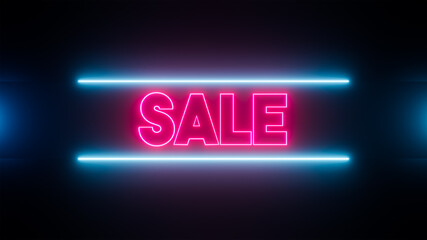 Sale banner for promotion in neon style.  Text in neon red with two neon tubes in light blue above and below.