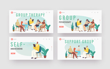 Group Therapy Treatment Landing Page Template Set. Characters Counseling with Psychologist on Psychotherapist Session
