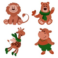 Set van schattige tekenfilm dieren. Beer, giraf, nijlpaard, leeuw. Cartoon dierlijke illustratie. Handgetekende kinderillustratie, perfect voor kinderkleding, modedrukontwerp en begroeting