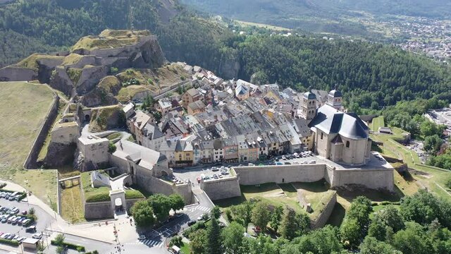 Panoramic view from the drone on the city Briancon. France