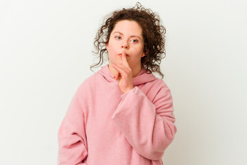 Woman with Down syndrome isolated keeping a secret or asking for silence.