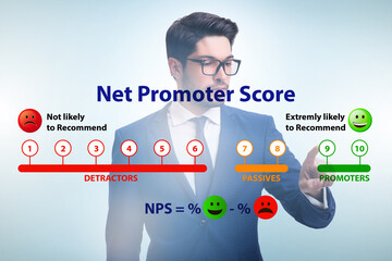 Net Promoter Score NPS concept with businessman pressing virtual