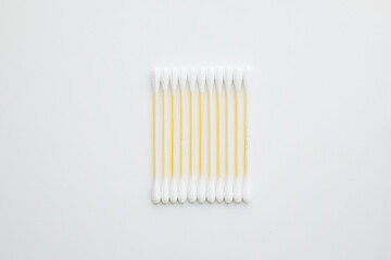 bamboo cotton swabs , ecological lifestyle concept. Hygiene of the ears. Keep ears clean . Copy space
