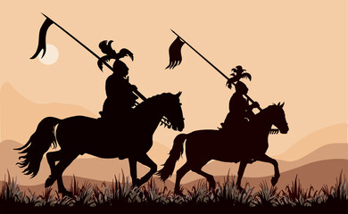 black silhouettes of two medieval knights on horseback, against the sky