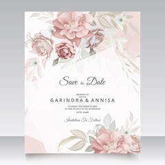 Fototapeta na wymiar Elegant wedding invitation card with beautiful brown floral and leaves template Premium Vector