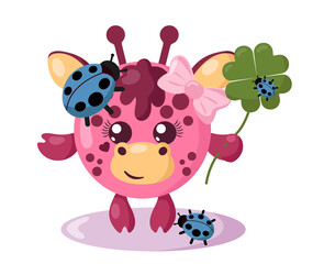 Funny cute smiling giraffe with round body and ladybugs holding four-leaf good luck clover in flat design with shadows. Isolated animal vector illustration	