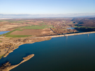 Aerial sunset view of  Trakiets Reservoir, Bulgaria