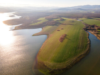 Aerial sunset view of  Trakiets Reservoir, Bulgaria