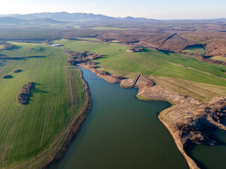 Fototapeta premium Aerial sunset view of Trakiets Reservoir, Bulgaria