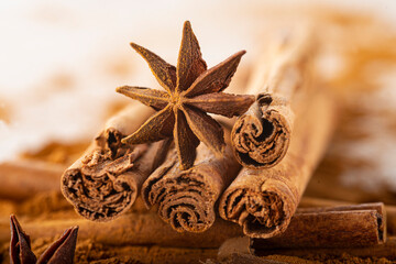 Cinnamon sticks and powder with star anise on copy space