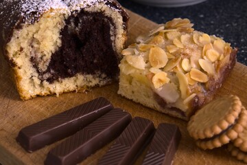 close-up of cake, biscuits and chocolate