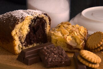 close-up of cake, biscuits and chocolate