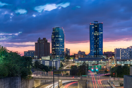 Night skyline of downtown Knoxville, Tennessee after sunset
