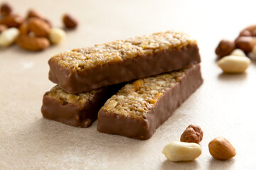 Cereal bars with chocolate and nuts, healthy energy bites.