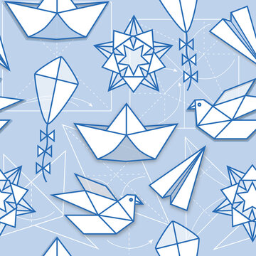 Abstract geometric origami style elements kite, dove, boat seamless pattern background. Vector illustration perfect for fabric, textile, wallpaper, stationery, packaging, home and garden decor