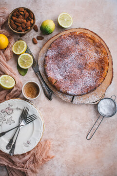 Ricotta and lemon cake sprinkled with powdered sugar