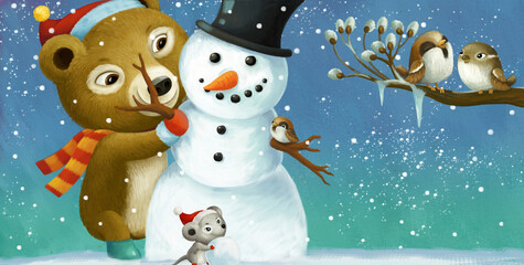 cartoon christmas scene with different animals and snowman illustration