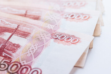 Five thousand ruble notes stacked, closeup