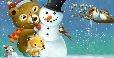 cartoon christmas scene with different animals and snowman illustration