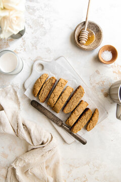 Tahini biscotti cookies in a flat lay.