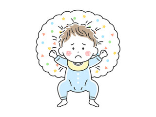 授乳クッションで寝転んでいる不機嫌な赤ちゃんのイラスト