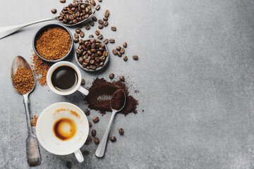 Espresso served in cups with coffee beans