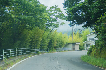 日本の夏の日、癒される綺麗な長野の田舎道路、沿道の緑の大自然風景を満喫される