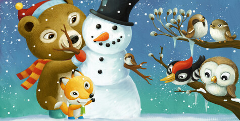 cartoon christmas scene with different animals and snowman illustration