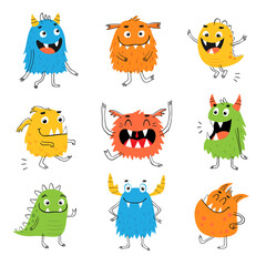 Set of hand drawn cute funny monsters isolated on white background. Character design for kids.