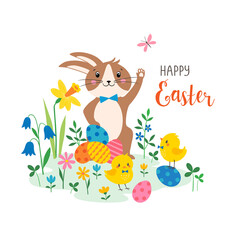Happy Easter greeting card with cute bunny, chicks  colorful eggs and spring flowers. - 417258658