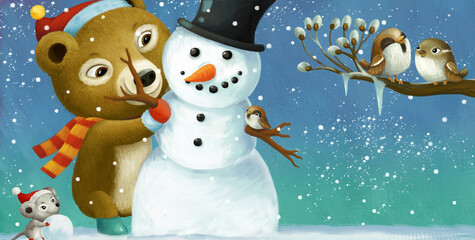 cartoon christmas scene with different animals and snowman illustration