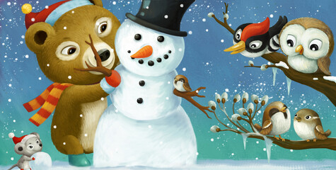 cartoon christmas scene with different animals and snowman illustration